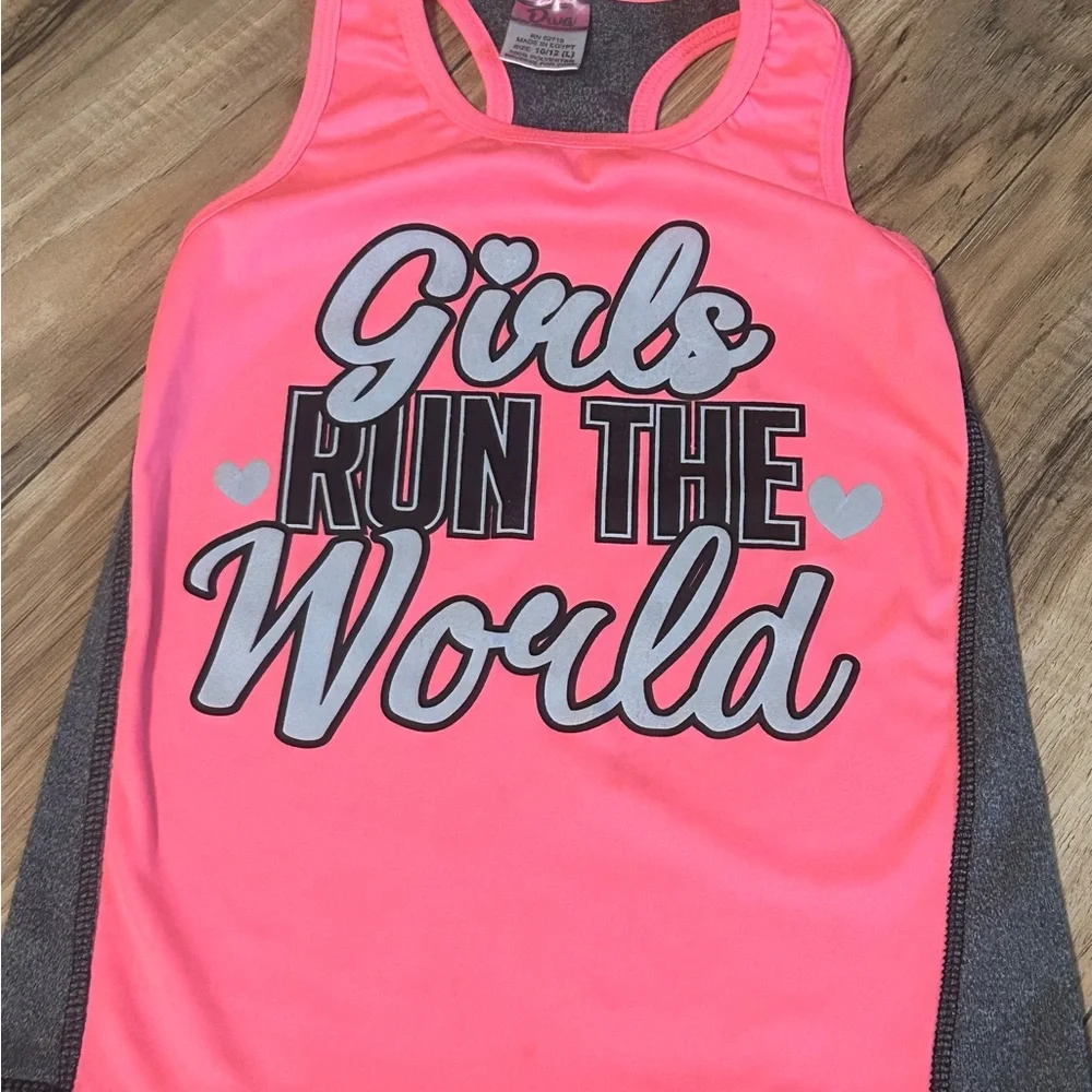 Girls Run The World Racerback Tank‎ Top Size 10/12 L Pink Gray Sleeveless